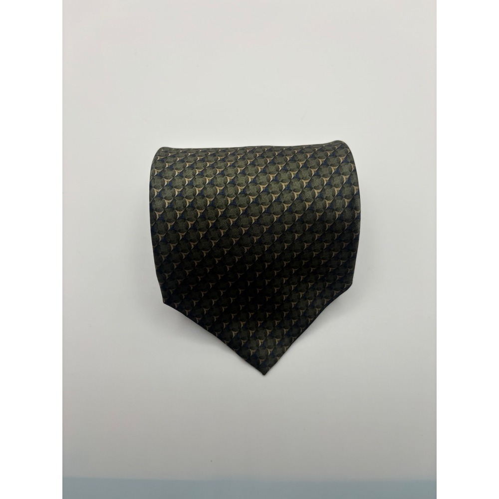 Bill Blass Mens Silk Necktie Green Tan Navy Geometric Circle Pattern Classic Tie